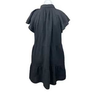GAP Black Collared Flutter Sleeve Button Tiered Mini A-Line Shirt Dress Size L thumbnail 2