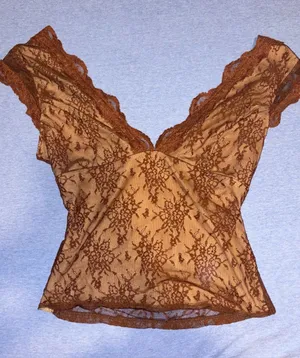 Shein Brown Lace V-Neck Sheer Tank Top thumbnail 1