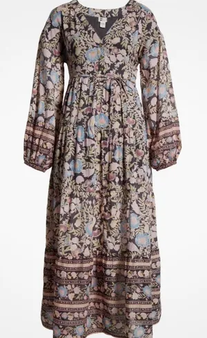 Billabong Long Balloon Sleeve‎ Maxi Dress Fairy Bohemian Floral Peasant Milkmaid thumbnail 1