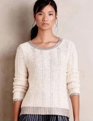 Anthropologie Moth Wool Blend Cream & Silver Knit Sweater Women’s Medium thumbnail 1