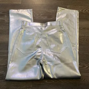 NWT Abercrombie & Fitch 90s ultra high rise Vegan leather straight jeans in silver. Size 28 thumbnail 8