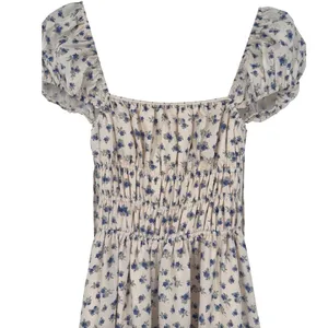MABLE Analise Floral Smocked Open Back Lace Up‎ Maxi Dress Cream Blue Size Small thumbnail 7