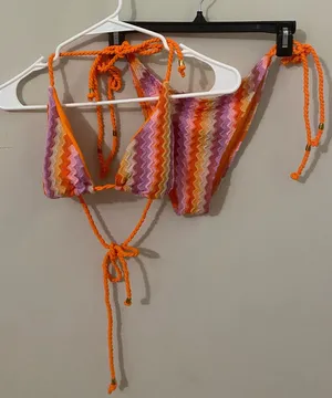 Zaful Orange Chevron Knit Bikini with Multicolor Stripes thumbnail 1