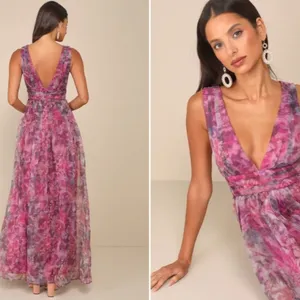 LULU's Floral Sexy Flowy Prom Wedding Chic Elegant Magenta Maxi Dress thumbnail 3