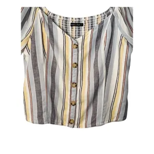 AF Abercrombie Fitch Top Womens Size XL Blue Yellow Linen Blend Short Sleeve thumbnail 6