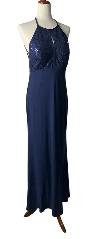 X by Xscape Navy Sequin Halter Keyhole Formal Maxi Gown Size 12 thumbnail 1