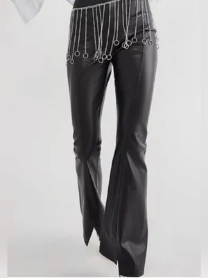 Free People Real Deal Slit Pants Size 28 Black Faux Leather Flare Boho NEW thumbnail 3