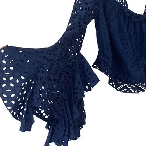 Misa Los Angeles Womens Off The Shoulder Eyelet Ruffle Cropped‎ Top Blue XL NWT thumbnail 4