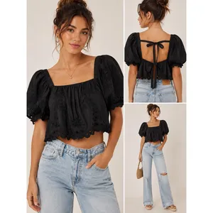American Eagle Black Eyelet Embroidered Tie Back Crop Top Small Square Neck Puff thumbnail 2