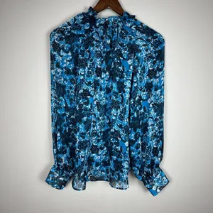 By Anthropologie Blouse Top Womens Large Blue Sheer Floral Boho Long Sleeve‎ Tie thumbnail 9