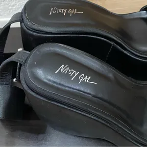 NASTY GAL Black Satin Ankle Strap Buckle Chunky Wedge Platform Sandals Size 8 thumbnail 12
