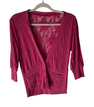 Poof Y2k Pink‎ Cardigan Lace Back Button Down Knit Sweater Top Large Fairy thumbnail 1