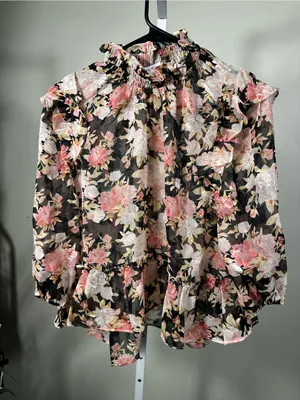 N99 Miley and Molly- Floral Ruffle Blouse in Pink and Cream on Black thumbnail 1