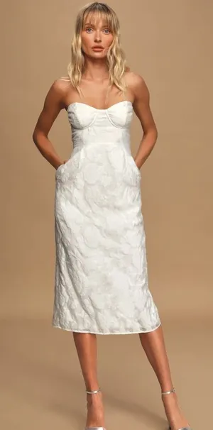 Lulus From this Day White Floral Jacquard Strapless Midi Dress thumbnail 1