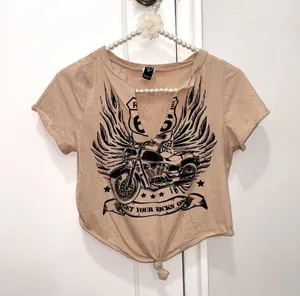 Windsor Size Medium Motorcycle Crop Top Route 66 Rocker V-neck Shirt Tan & Black thumbnail 1