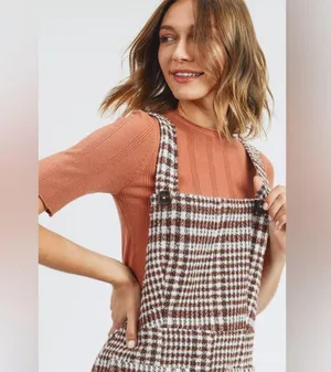 NWT Tea N Rose Brown and White Overall Houndstooth Pinafore Dress Raw Hem thumbnail 11