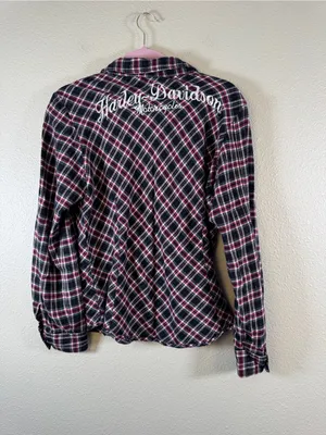 Harley Davidson Red Black Plaid Button Down Shirt Womens L Embroidered Flannel thumbnail 4