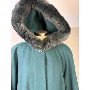 Donnybrook Wool Swing Coat Teal Green Rabbit Fur Trim Hood Vintage 90s Maxi 14 thumbnail 4