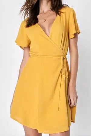 NWT Lulus Harbor Point Mustard Yellow Flutter-Sleeve‎ Mini Wrap Dress MEDIUM thumbnail 1