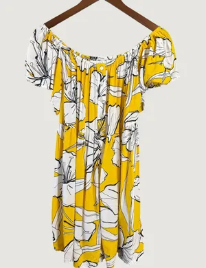 Margaux Riviera Yellow Floral Off Shoulder Button Front Mini Dress Large thumbnail 1
