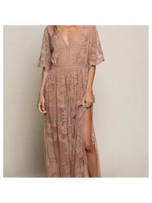 POL “Dress Me In Lace” Cotton Maxi Lace Romper Caramel Festival Coastal Boho M/L thumbnail 2