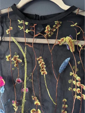 Black Sheer Mesh Top with Colorful Floral Embroidery thumbnail 3