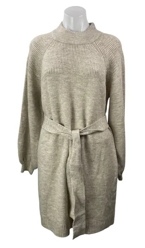 Vici Women's Beige Long Sleeve Tie Waist Knit Mock Neck Mini Sweater Dress S thumbnail 1