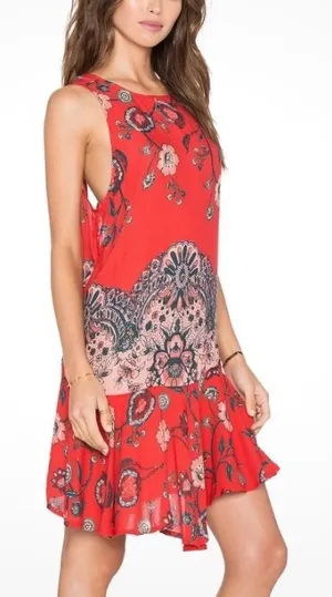Free People Dobby Dot Flouncy Slip Dress Open Back Red Floral Paisley Mini Small thumbnail 1