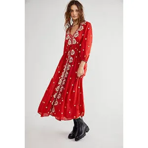 Free People Fabel Embroidered Maxi Dress Womens Size Medium Red White thumbnail 10