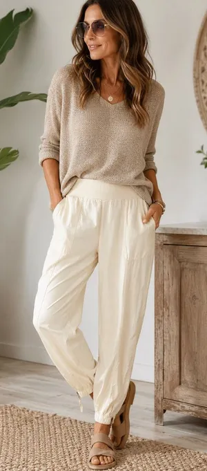 Marrakech Silky Jogger Pants Large Cream Lightweight Relaxed Pull On thumbnail 1