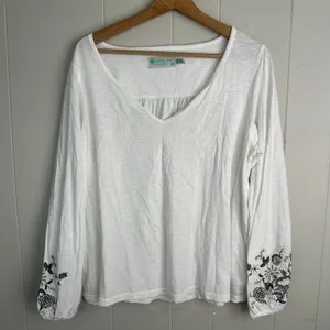 Aventura Womens L White Floral Embroidered V Neck Peasant Top Soft thumbnail 1