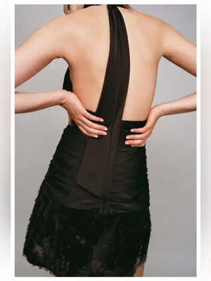 Zara Mini Dress Satin Brown Halter Ruched Sequin thumbnail 6