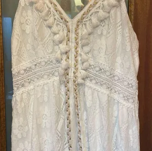 Cupshe White Lined Boho Hippie Bridal Beach Hi Low Spaghetti Strap Dress NWT XL thumbnail 2