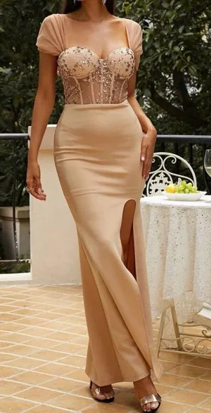 Boutique Tan/Nude Satin And Corset Mesh Embroidered Maxi Dress thumbnail 6