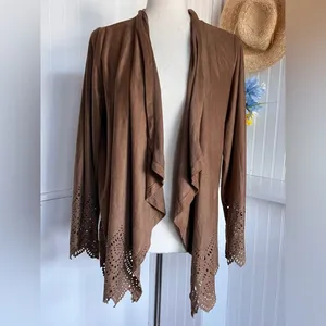 Open Draped Cardigan W/ Hem & Sleeve Laser CutOuts. thumbnail 2