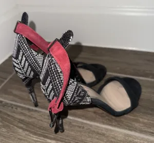 Barbara Bui black‎ suede heels Black White patterned Back Red ankle strap 38.5 Size 8.5 thumbnail 1