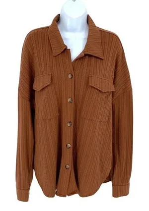 Pink Lilly Womens Knit‎ Herringbone Textured Button Front Blouse Chestnut Medium Brown thumbnail 1