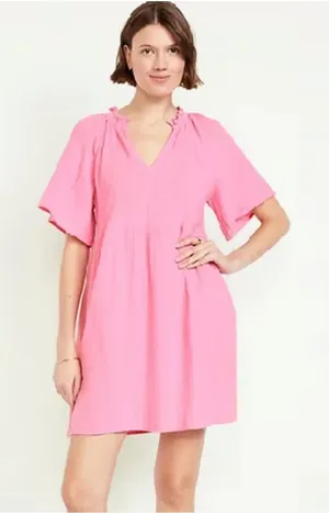 Old Navy Cotton Short Sleeve Split Neck Pink Summer Swing Dress Mini Dress L thumbnail 1