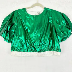 Queen of Sparkles Metallic Iridescent Puff Sleeve Crop Top Size Large Green NWOT thumbnail 1
