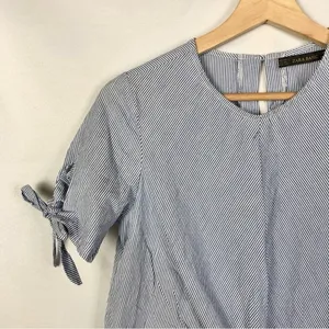 Zara Blue & White Stripe Tie Front‎ Short Sleeve Blouse M thumbnail 3
