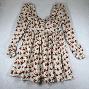 ASOS Design Floral Puff Sleeve Babydoll Mini Dress White Red Rose US 8 NEW thumbnail 1