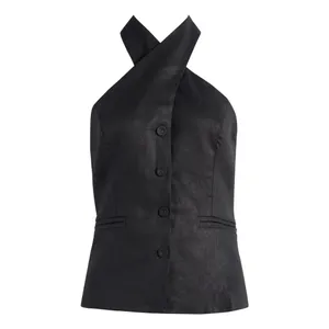 Reformation | Tate 100% Linen Halter Button Vest Top in Black | size 6 thumbnail 8