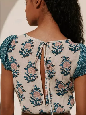 Anthropologie Celandine short-sleeve tie-back crop top sz M floral boho thumbnail 2