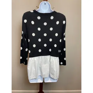 Ann Taylor Factory Sweater Size M Black White Polka Dot Faux Ruffle Shirt Tail thumbnail 3
