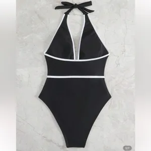 Black One Piece Swimsuit Halter Neck Wirh Bow Belt S thumbnail 5