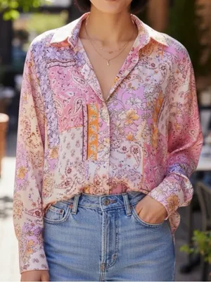 Zara Flowy Satin Button Down‎ Shirt Floral Paisley New Pink Small thumbnail 1