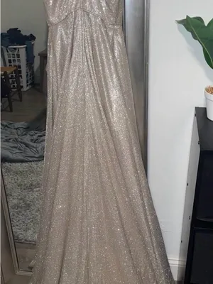 Sherri Hill Champagne Sparkle Plunging A-Line Gown thumbnail 4