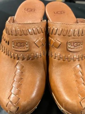 UGG Tan Woven Leather Clog Mules thumbnail 5