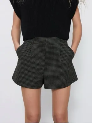 Zara gingham shorts pleated high rise pleated tailored thumbnail 1