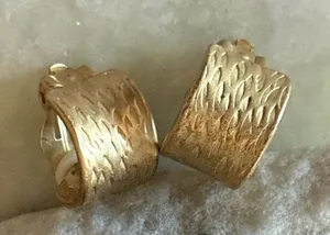Vintage Gold textured hoop Clip on earrings with feather-like pattern thumbnail 1
